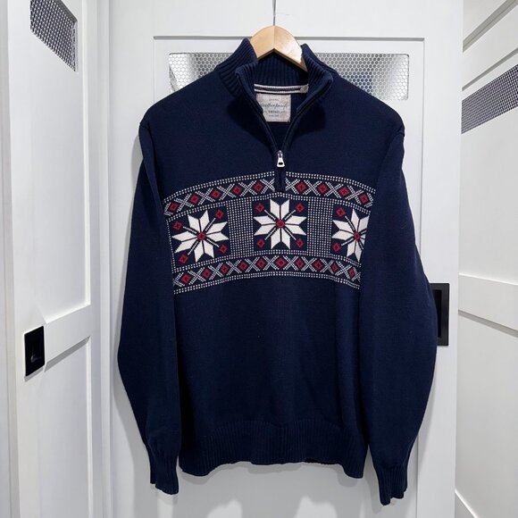 2000's Navy Blue Red White Snowflake Sweater Zipper 100% Cotton Natural Fibers - Picture 4 of 8